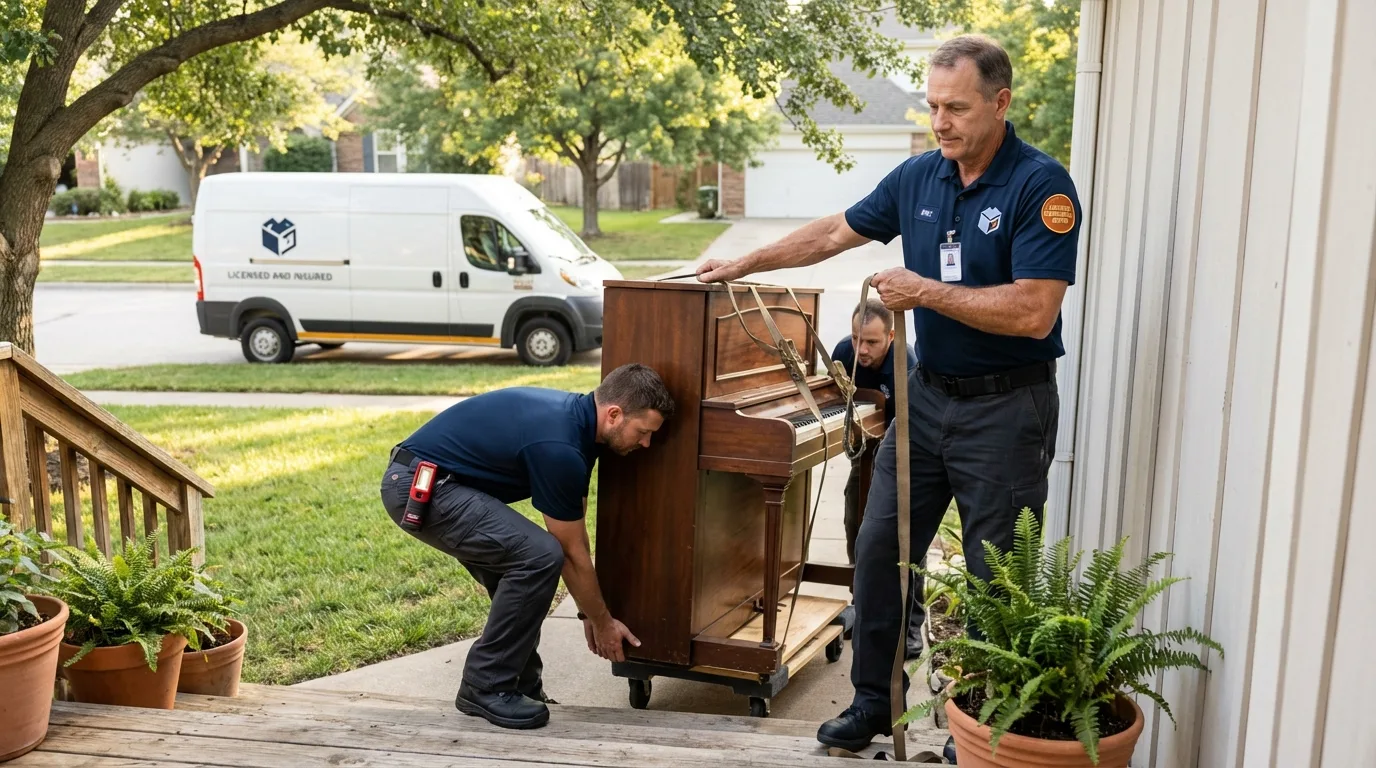 Licensed piano movers securing grand piano in Hamilton, IN