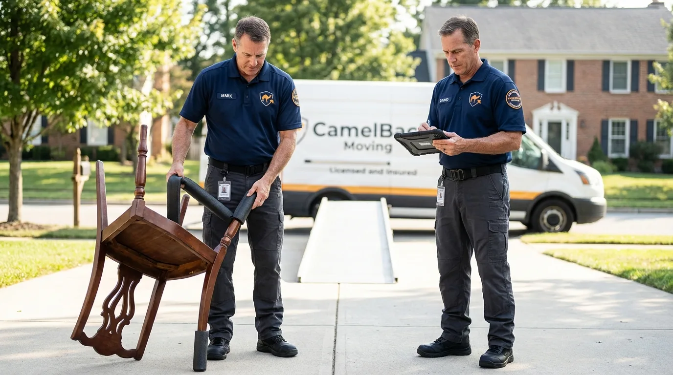 Movers inspecting furniture for damage prevention before loading in Hamilton, IN